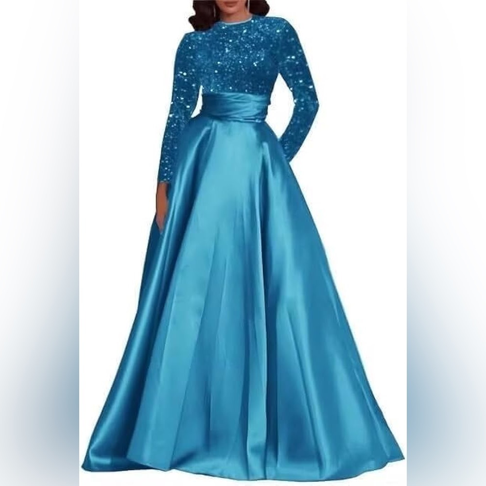 Elegant Sequin Bodice Blue Maxi Dress with Satin Skirt